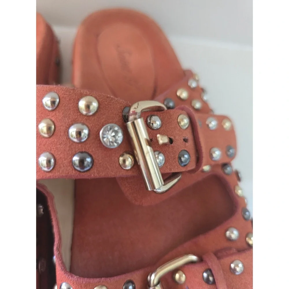 NWOT $215. Saint G Womens Rust Suede Studded Dbl Buckle Slide Sandals Size 6.5/7
